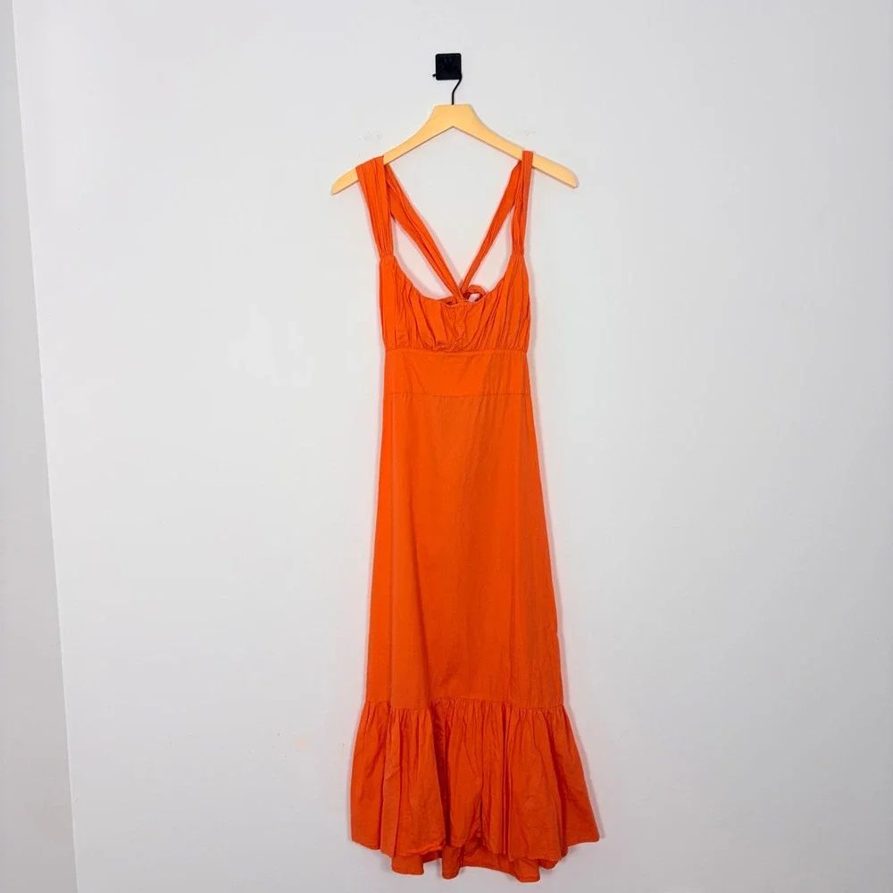 Free People Laila Tie Back Scoop‎ Neck Midi Dress Coral Orange Small
